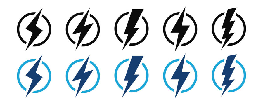 Lightning bolt electric charging icon set in black and blue circle outline symbols