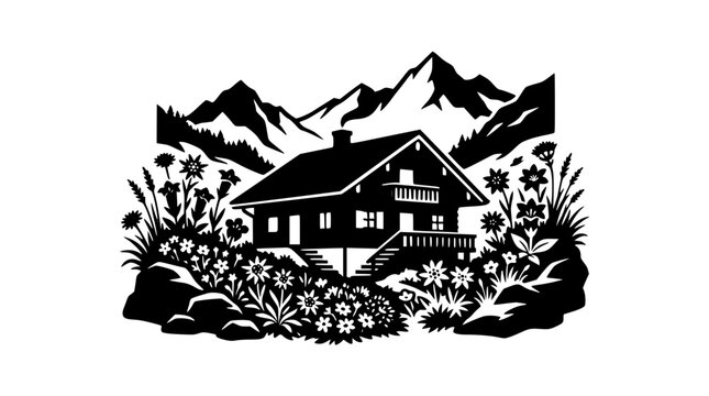 Alpine Chalet with Mountain Landscape and Wildflowers Silhouette Illustration