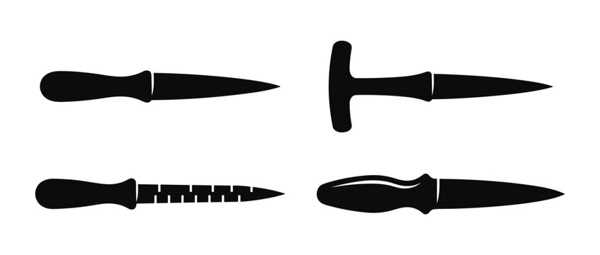 Leathercraft awl tool icons collection for hand stitching and sewing on leather projects.