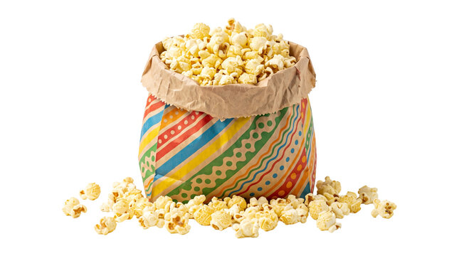 Bag of popcorn with scattered kernels and colorful stripes isolated on transparent background png.