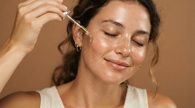 Young woman applying facial serum with a dropper on her cheek