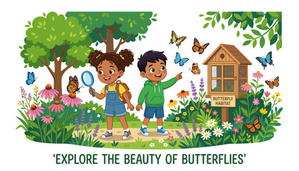 Naklejka premium Children exploring a butterfly habitat in a lush garden, observing colorful butterflies with a magnifying glass, educational nature activity for kids
