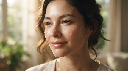 Fototapeta premium Closeup portrait of a young woman with a fresh, glowing, dewy face