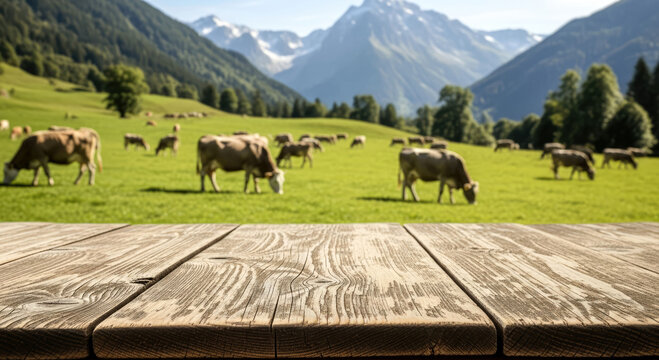 Empty wooden table overlooking a peaceful alpine meadow with grazing cows, rolling green pastures and distant mountain peaks. Perfect for for food product display montage.