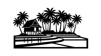 Obraz premium Tropical stilt house and palm trees silhouette landscape vector