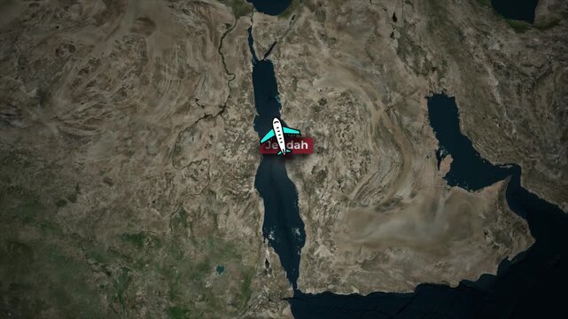 Jeddah to London Flight Route Map Animation with Satellite Background