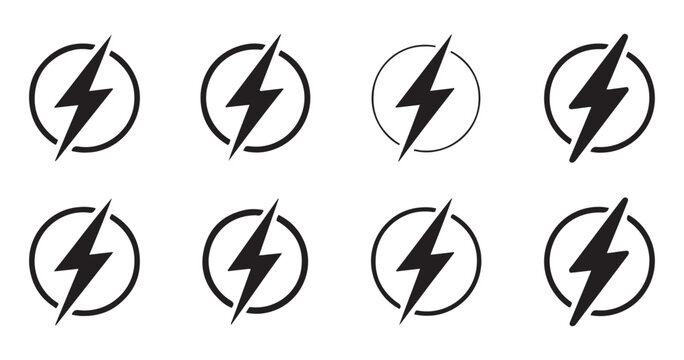 Set of black lightning bolt icons inside circles isolated on transparent background for energy concepts.