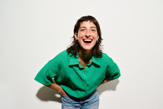Direct flash Portrait of Woman laughing 