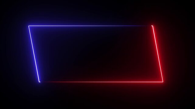 Parallelogram rectangle picture frame with two tone neon color shade motion graphic on isolated black background. Blue and pink light for overlay element. 4k video 