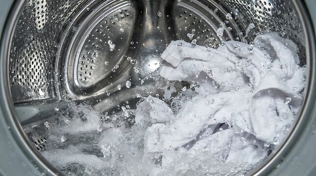 Closeup of white clothes being washed inside a frontloading washing machine