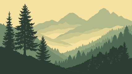 Misty mountain range and evergreen forest landscape illustration with mountains © khadija