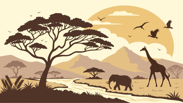 African savannah landscape with giraffe and elephant silhouette at sunset