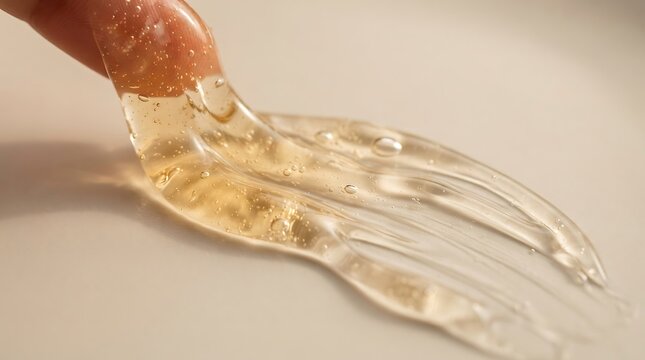 Close up of a clear cosmetic gel texture being pulled by a finger