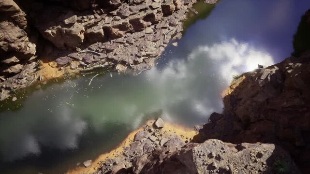 Aerial view of narrow canyon pool with emerald water and cloud reflections, steep rocky walls frame serene inlet, sunlit highlights and scattered foam create