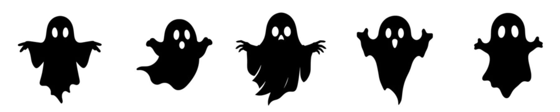 Collection of black ghost silhouettes in different floating poses with large eyes, raised arms, and flowing shapes isolated on white background, spooky Halloween vector clipart set for horror, fantasy