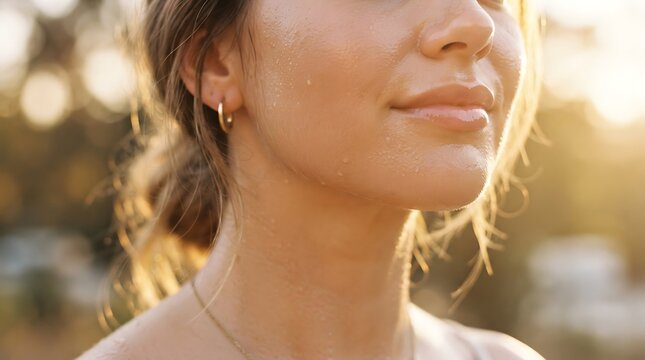 Closeup of a womans face with glowing, dewy skin in golden hour light