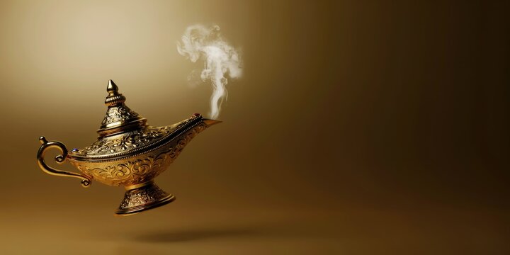 Ornate golden aladdin lamp with rising smoke on a dark gold background