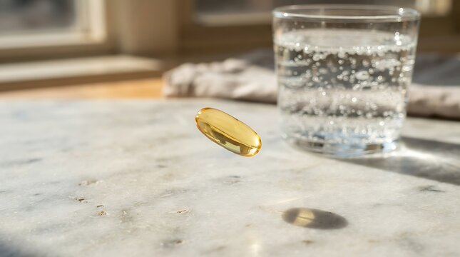 A single golden fish oil supplement capsule floating above a marble surface