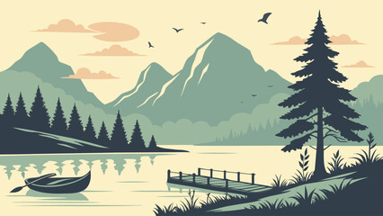 Serene mountain lake landscape with wooden pier and rowing boat, mountains © Golap