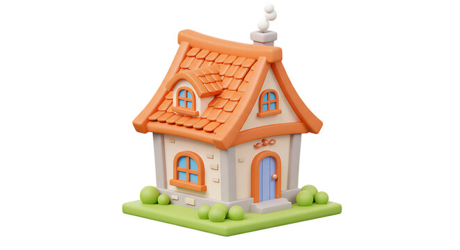 3d icon of charming cartoonstyle miniature house with orange roof, isolated on transparent background