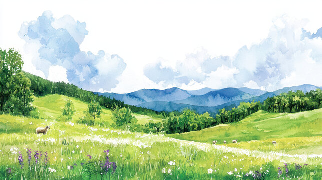 Serene landscape featuring rolling green hills, vibrant wildflowers, and grazing sheep under bright blue sky with fluffy clouds