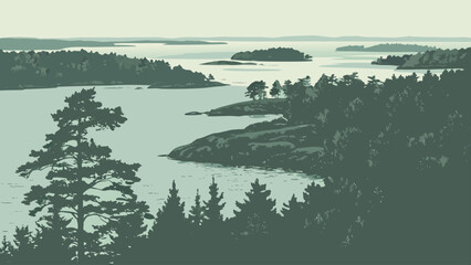 Graphic illustration of scandinavian archipelago landscape and pine forest © Golap