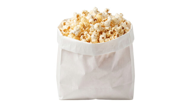Freshly popped white popcorn in a simple paper bag for snack concept isolated on transparent background.