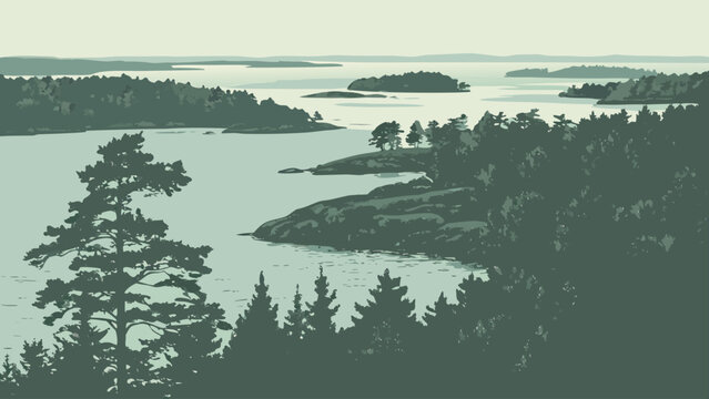 Graphic illustration of scandinavian archipelago landscape and pine forest