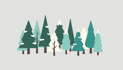 Fototapeta premium Stylized forest of diverse pine trees with snowy peaks and evergreen branches standing against a neutral light gray background.