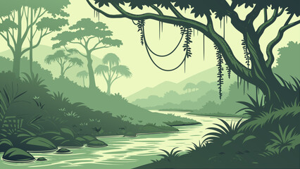 Lush tropical jungle river landscape illustration with tropical, landscape © Mahdi