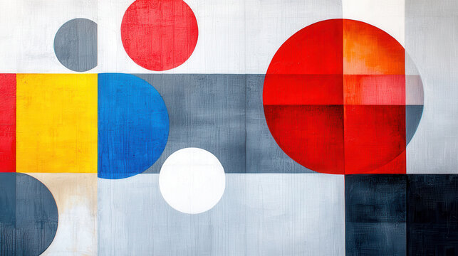Abstract geometric shapes in vibrant colors create modern art piece, featuring circles and rectangles in red, blue, yellow, and gray tones