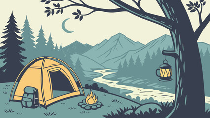 Camping scene in the mountains at night with tent and fire campfire mountains © Golap