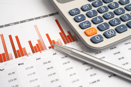 Calculator with pen on data business graphs paper.