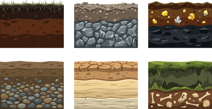 Cartoon Soil and Ground Layers Vector Set Featuring Cross Section Textures of Grass Rocks Gold Ore Sand and Fossil Bones