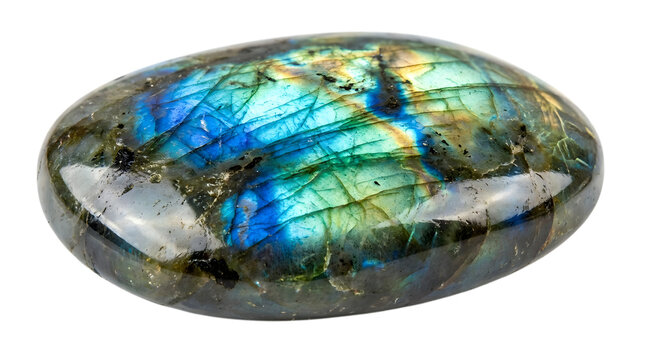 Polished labradorite gemstone with iridescent blue and green flashes, isolated on a black background