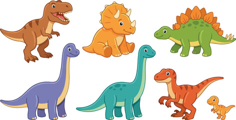 Naklejka premium Cute Dinosaur Vector Cartoon Set with T-Rex Triceratops Brachiosaurus and Stegosaurus Clipart Graphics for Kids Books, Nursery Artwork, and Children Birthday Designs