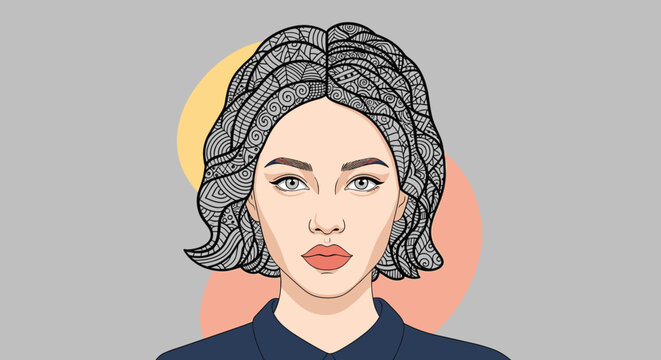 Beautiful young woman portrait with extremely detailed zentangle patterned hair against a grey background with orange and yellow circles.