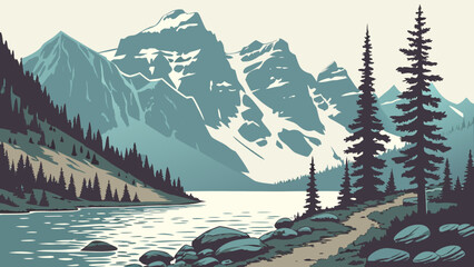 Mountain hiking trail by a glacial lake with mountain wilderness landscape © Mahdi