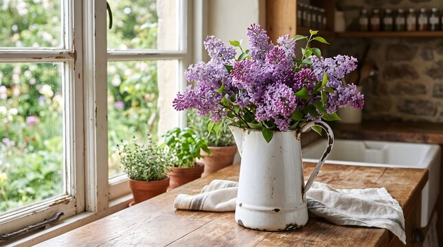 Purple lilac flowers in a white ceramic vase. Elegant floral arrangement for home decor or spring decoration.
