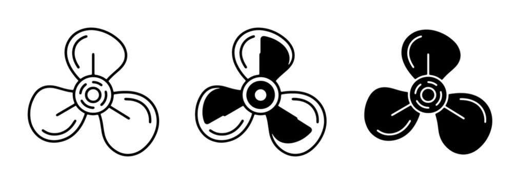 Propeller Icons Set: Three-Blade Marine and Air Screw Vector Graphics, Outline and Silhouette Styles for Nautical and Aviation Concepts