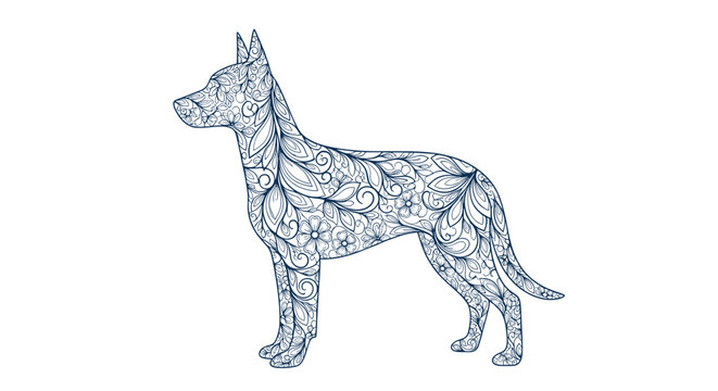 Majestic dog standing in profile with an intricate floral and leaf zentangle pattern covering its entire body in navy blue lines.