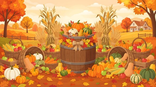 Festive thanksgiving background with pumpkins corn autumn harvest scene