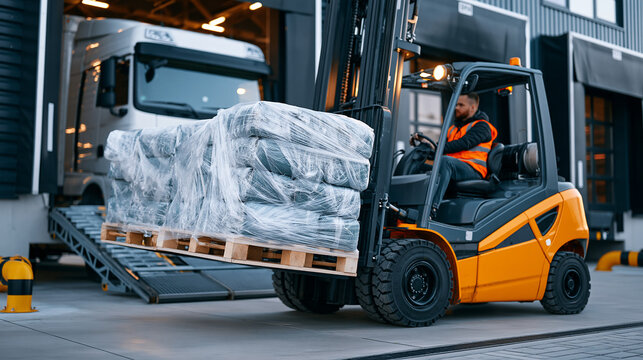 Spacious distribution warehouse where several plastic-wrapped pallets are loaded onto a waiting freight truck at an open dock door, industrial loading platform, realistic forklift operation, polishe