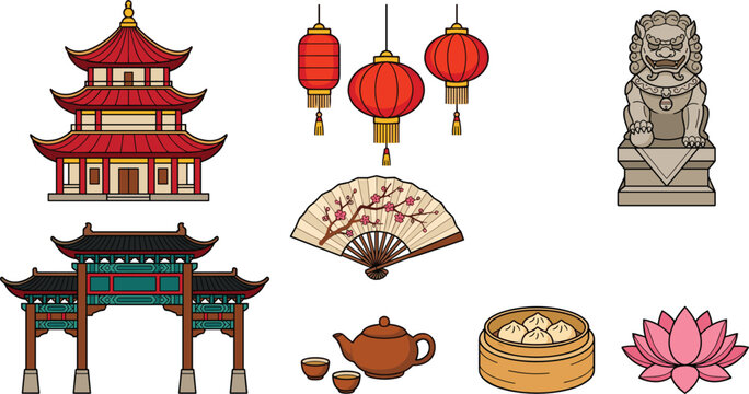 Traditional Chinese Culture and Architecture Vector Icon Set Featuring Pagoda Temple Gate Red Paper Lanterns Guardian Lion Foo Dog and Dim Sum
