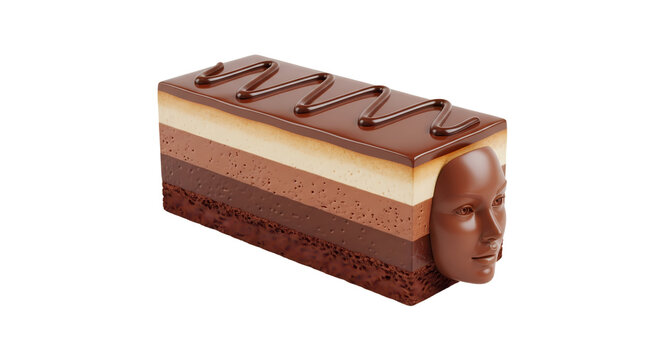 Creative layered chocolate mousse cake with sculpted human face isolated on white background