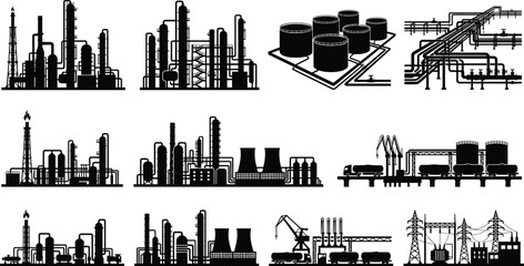 Obraz premium Industrial Plant and Oil Refinery Icon Set Featuring Factory Silhouettes Storage Tanks and Pipelines