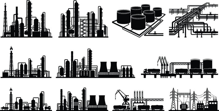 Industrial Plant and Oil Refinery Icon Set Featuring Factory Silhouettes Storage Tanks and Pipelines