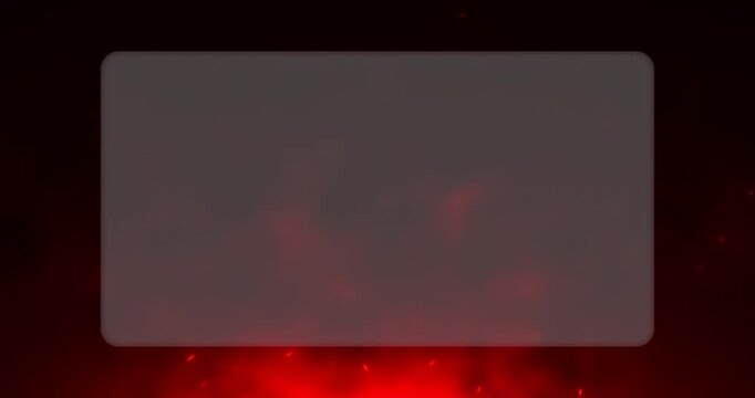 A minimalist glass frame floats surrounded by rising fire sparks and smoke. Warm crimson light pulses steadily under the translucent display surface.