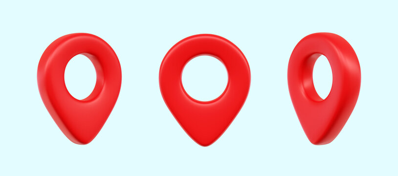 3D render location pin set. Location 3d icons multi-angle views