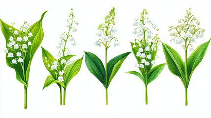 Fototapeta premium Lily of valley flowers with delicate white blooms and lush green leaves, showcasing various stages of growth and beauty